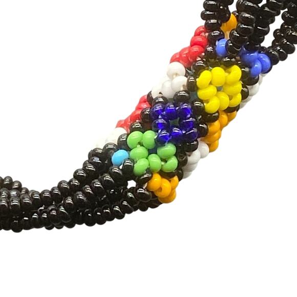 NWOT Black Maasai Multi Strand Bead w/multi colored flowers-Stndrd Length w/clsp - Picture 2 of 7